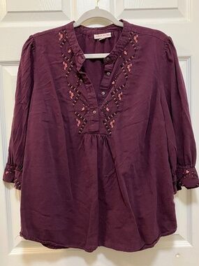Knox Rose purple embroidered elbow sleeve blouse shirt size L